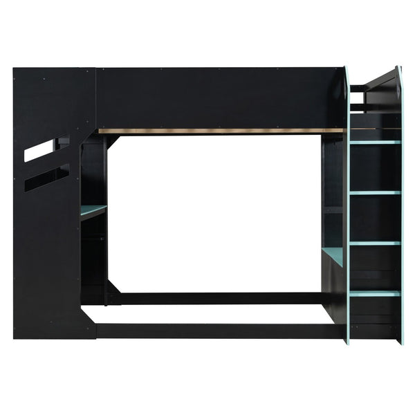 English Elm Full Size Loft Bed with Rgb Lighting Desk Drawers Hanging Rod Teen Bedroom Blue LT000288AAC-1