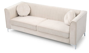 English Elm Delray Glam Velvet Sofa with Chrome Legs and Pocketed Coil Cushions, Channel Quilting & Pillows Ivory 26 L x 37 W x 26 H B078S00465