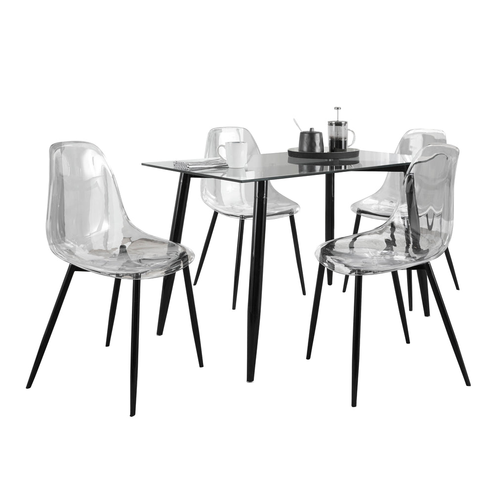 English Elm Clara 5-Piece Contemporary Dining Set with Clear Acrylic Chairs & Tempered Glass Top, Black Metal Frame B202S01418