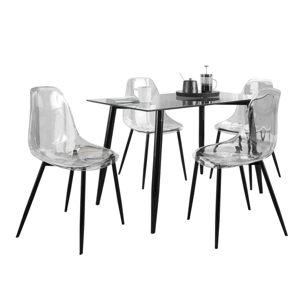 English Elm Clara 5-Piece Contemporary Dining Set with Clear Acrylic Chairs & Tempered Glass Top, Black Metal Frame B202S01418