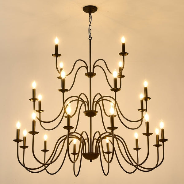 English Elm Farmhouse 24 Light Black Metal Chandelier for High Ceiling Dining and Living Rooms W5008P391535