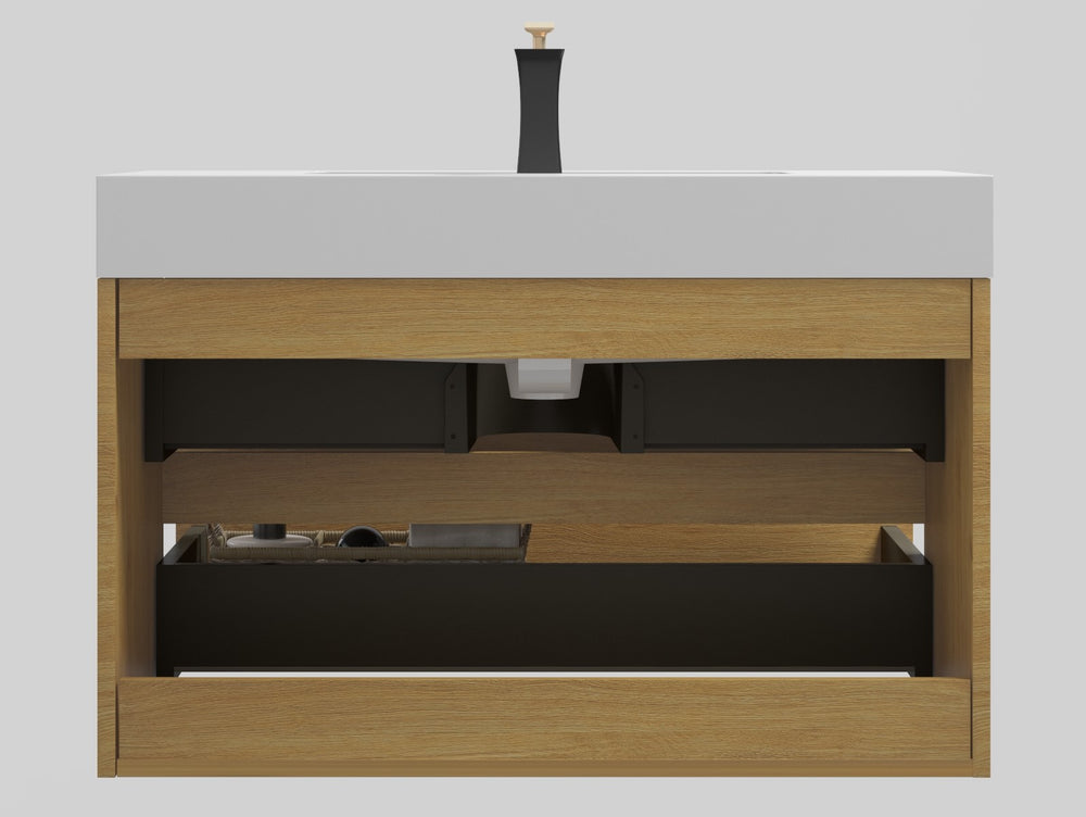 English Elm U042-Alice36-106 Modern 36" Wall-Mounted Oak Vanity with Integrated Matte Black Basin, Soft-Close Drawers W1865S00042