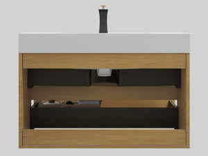English Elm U042-Alice36-106 Modern 36" Wall-Mounted Oak Vanity with Integrated Matte Black Basin, Soft-Close Drawers W1865S00042