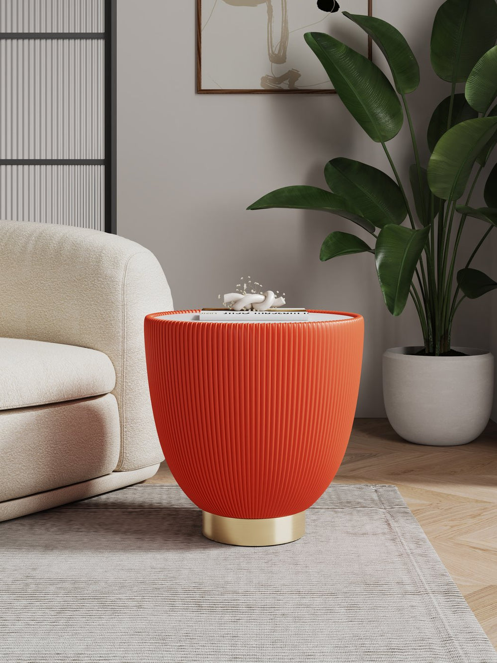 English Elm Anderson Sintered Stone Top Upholstered End Table with Pleated Leatherette & Gold Round Base, Modern Design Orange B365P398477