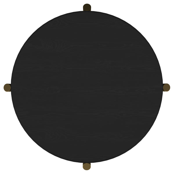 English Elm Benson Round Black End Table with Woven Rattan Shelf, Rubberwood & White Ash Veneer Accent, Sturdy Stylish 26" Surface B062P374115