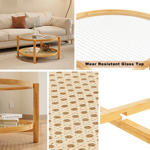 English Elm Rattan 2-Tier Bamboo Coffee Table with Water Ripple Glass Top, PVC Rattan Shelf, Natural White Modern Elegance W2992P347391