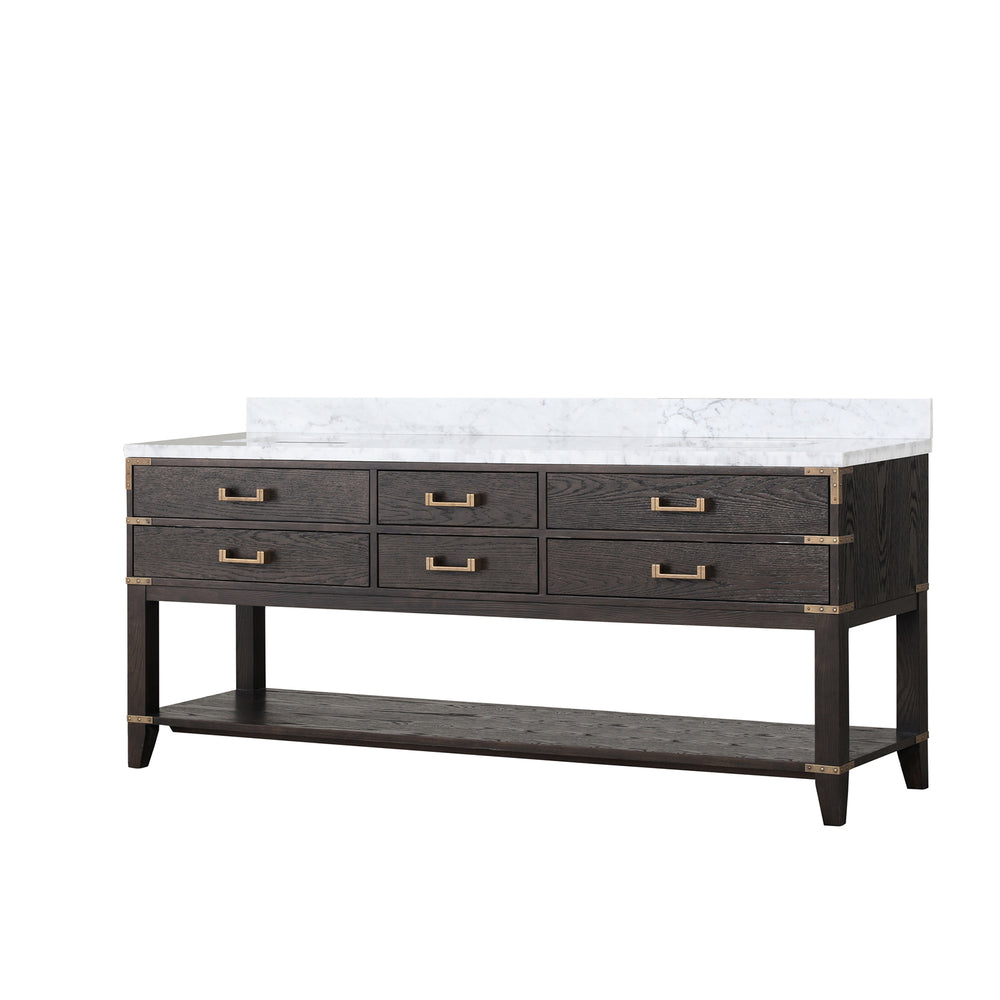 English Elm Brown Oak Double Bath Vanity 80" W With Elegant Carrara Marble Top & Ample Storage Solutions B2731P260329