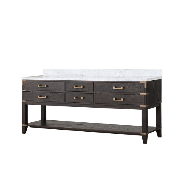 English Elm Brown Oak Double Bath Vanity 80" W With Elegant Carrara Marble Top & Ample Storage Solutions B2731P260329