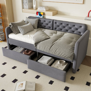 English Elm Twin Velvet Daybed with Storage Drawers Tufted Sofa Bed for Guest or Studio Rooms W1670P410536