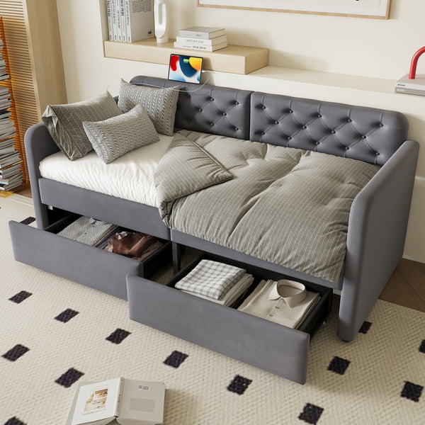 English Elm Twin Velvet Daybed with Storage Drawers Tufted Sofa Bed for Guest or Studio Rooms W1670P410536