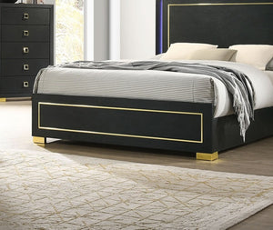 English Elm Contemporary Queen Bedroom Set Matte Black Wood Gold Legs Led Headboard Nightstands B2741S00157