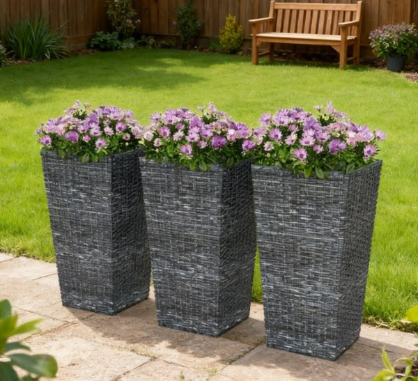 English Elm Outdoor Tall Rattan Style Column Planters Set of 3 Uv Resistant Pp with Drainage T3971P423222