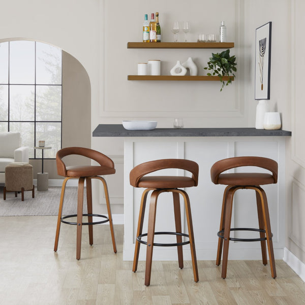 English Elm Fixed-height Swivel Barstools Walnut Bentwood Camel Faux Leather Kitchen Set of 2 B202S01857