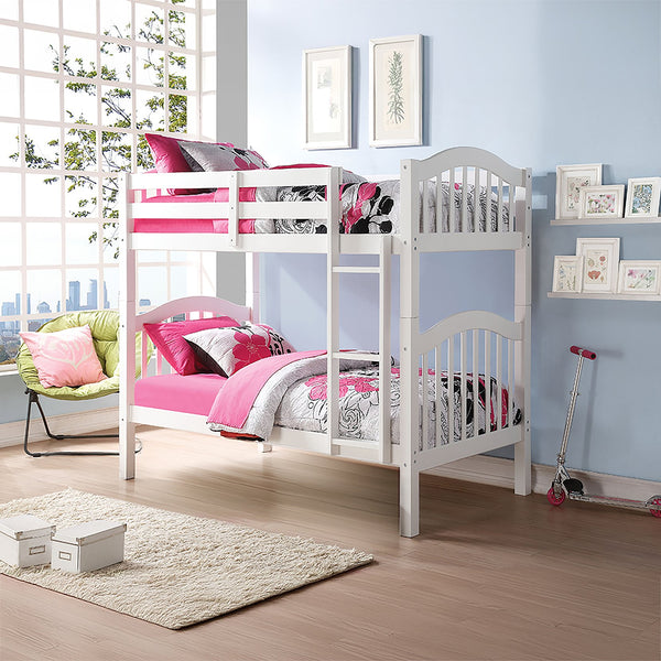 English Elm Heartland White Twin/Twin Bunk Bed with 14+14 Slat System, Convertible, Ladder & Guard Rail B2726S00230