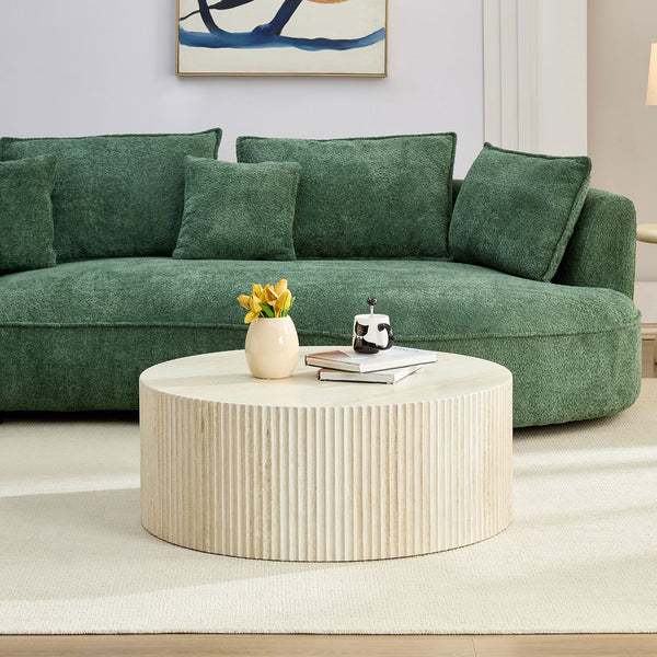 English Elm Faux Round Faux Travertine Coffee Table 35.4" Diameter with Handcrafted Relief Design, No Assembly Needed W876P362386