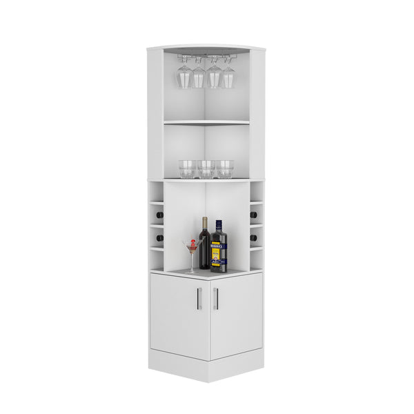 English Elm Corner Bar Cabinet with Ten Built-In Wine Slots, Cup Rack & Spacious Top Shelf for Entertaining White 46.46 L x 23.23 W x 3.15 H B097S00193