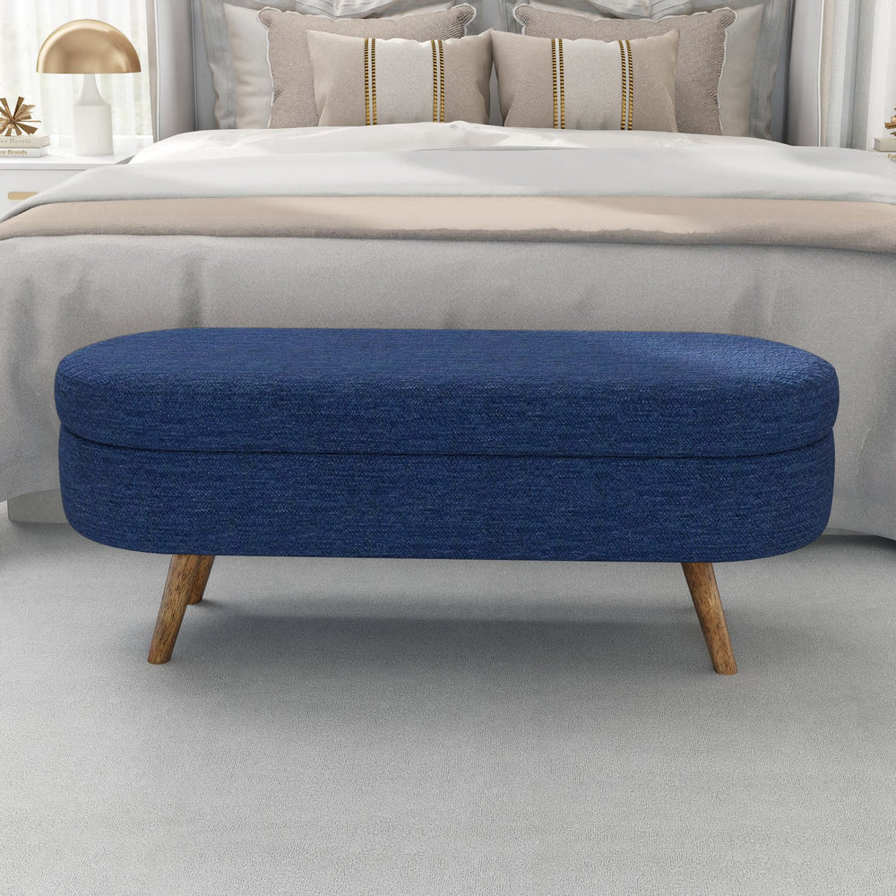 English Elm Ottoman Oval Storage Bench with Linen Upholstery & Rubber Wood Legs, Blue Accent, 43.5"x16"x16" W487P220594