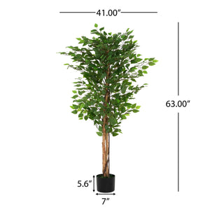 English Elm Christopher Knight Home® - 63" Artificial Ficus Tree with Twisted Trunk in Black Pot — Lifelike Green Foliage, Pre-Potted, Low-Maintenance Décor N772P286773G
