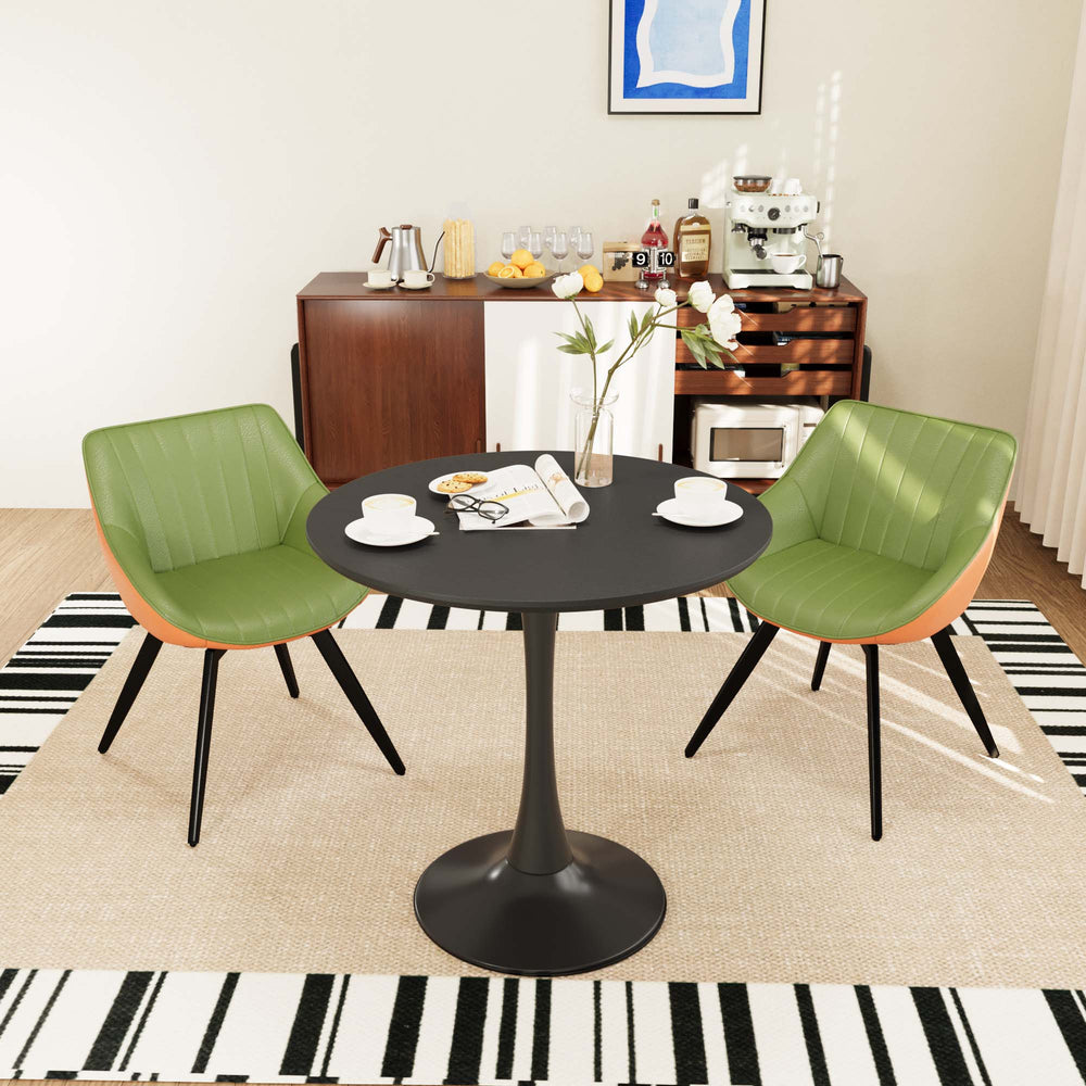 English Elm 31.5" Black Round Tulip Dining Table Set With 2 Ergonomic Leather Chairs - Modern Mid-Century Design W2189S00709