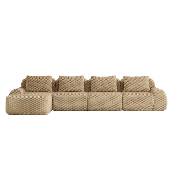 English Elm 146" Modular L-shaped Sectional Flannelette Sofa with Ottoman Tool-free Living Room Setup Light Camel W714S01515