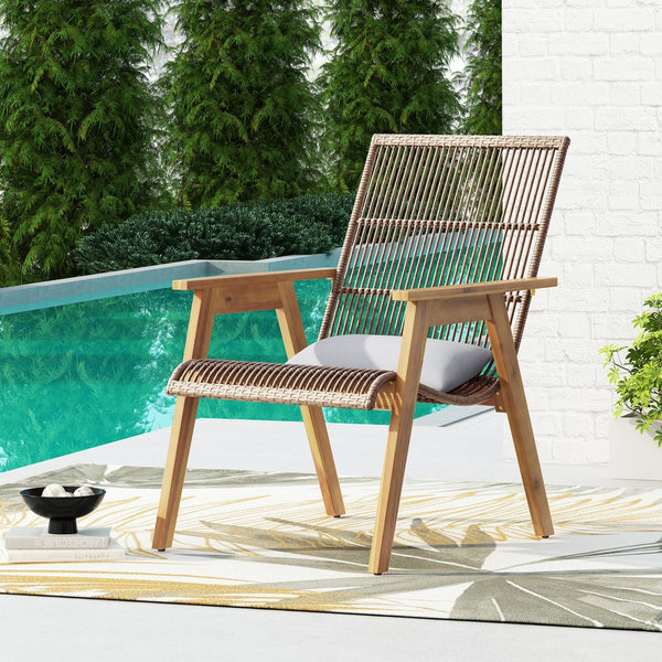 English Elm Christopher Knight Home® - Set of 2 Acacia Wood Lounge Chairs with Cushions — Teak Finish, Natural Wicker, Light Gray Fabric, 400lb Capacity, Patio Seating 26.5"W x 35.25"H 73165.00
