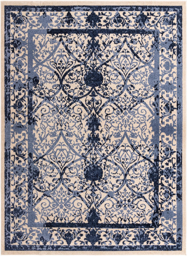 Unique Loom La Jolla Traditional Machine Made Floral Rug Ivory and Blue, Blue/Light Blue/Navy Blue 7' 10" x 11' 0"