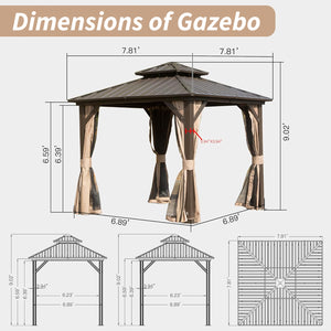 English Elm 8' Hardtop Gazebo Pavilion with Double Ventilated Roof, Aluminum Frame, Curtains & Mosquito Netting Brown W1859S00112