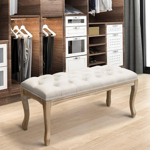 English Elm Bedroom Bench Tufted Linen Seat with Carved Distressed Wood Legs French Country Style Beige W3244P493647