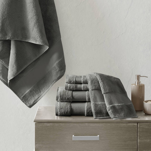 JLA Home Madison Park Signature - Cotton Luxurious 6-Piece Turkish Bath Towel Set 600 GSM Oversized Plush Dobby Border, OEKO-TEX Certified Charcoal MPS73-454