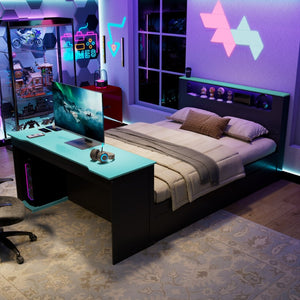 English Elm Full Size Wood Platform Daybed with Trundle Desk Rgb Led Lighting Gaming Bedroom Black+Blue LT000284AAC