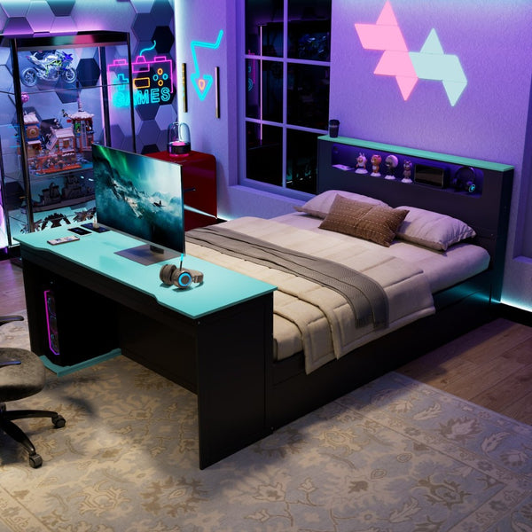 English Elm Full Size Wood Platform Daybed with Trundle Desk Rgb Led Lighting Gaming Bedroom Black+Blue LT000284AAC