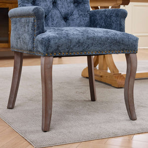 English Elm Upholstered Chenille Club Dining Chair Tufted High Back with Curved Solid Wood Legs Blue W1143P449346