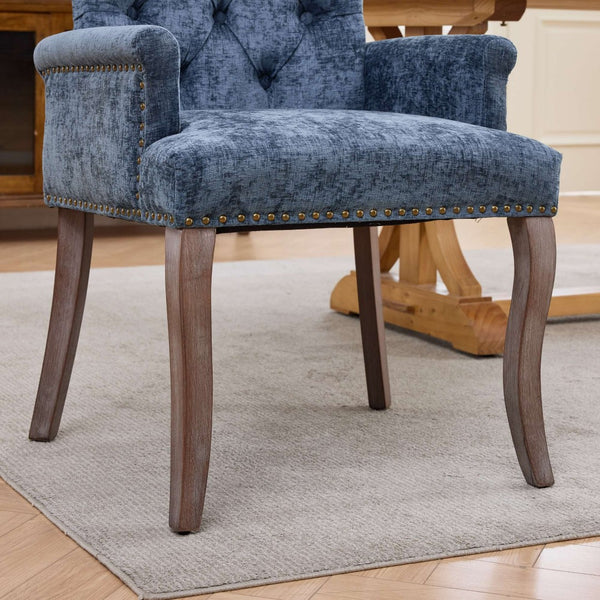 English Elm Upholstered Chenille Club Dining Chair Tufted High Back with Curved Solid Wood Legs Blue W1143P449346