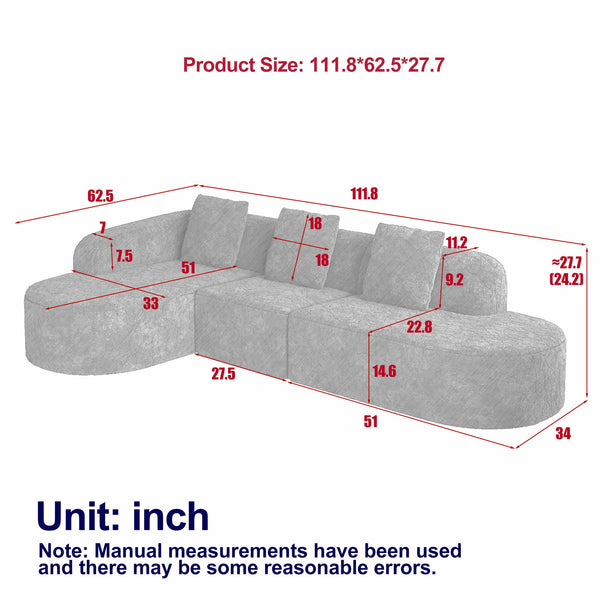 English Elm 111.8-Inch L-Shaped Curved Modular Sofa - Modern Lychee-Textured Fabric With Pillows For Comfort W834S00544