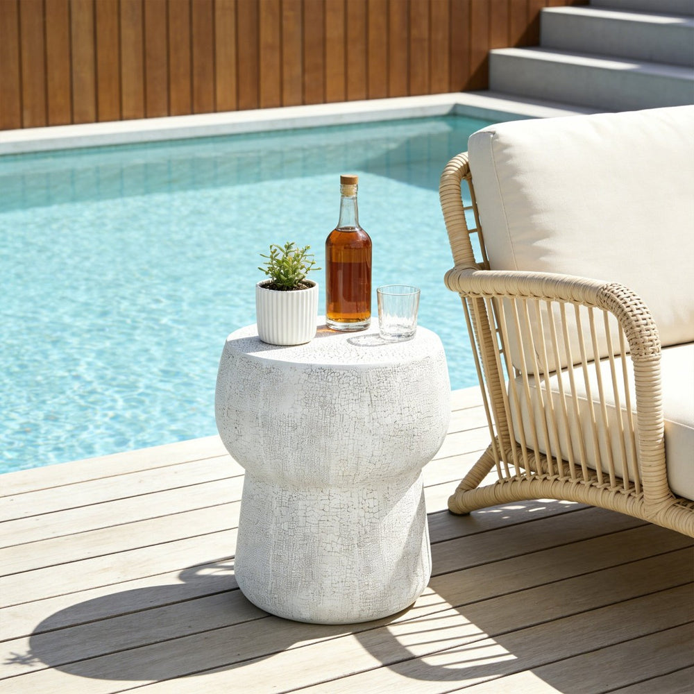 English Elm U_style Outdoor Concrete Accent Table Sculptural Double Barrel Mgo Weathered Patio Stool Grey N711P422075K