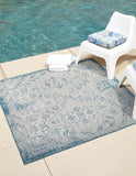 Unique Loom Outdoor Aztec Coba Machine Made Border Rug Teal, Ivory/Gray 10' 0" x 10' 0"