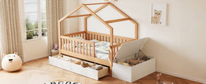 English Elm Toddler Playhouse Bed Solid Pine Frame with Storage Drawers Safety Gate Kids Room N899P429858N