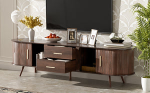 English Elm Mid-Century Solid Wood TV Stand for 80" TVs – Waterproof Finish, Sliding Doors & 2 Drawers Storage N710P257611P