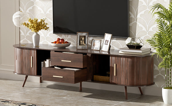 English Elm Mid-Century Solid Wood TV Stand for 80" TVs – Waterproof Finish, Sliding Doors & 2 Drawers Storage N710P257611P