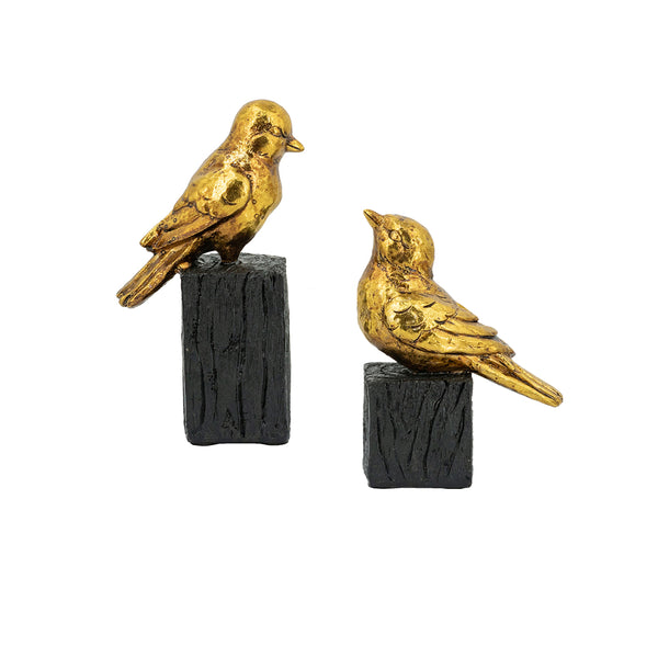 English Elm Set of 2 Gold Resin Songbird Sculpture on Faux Branch — Elegant Metallic Sparrow Accents for Mantel Tablescape Decor Antique Gold,Black W2078P406946