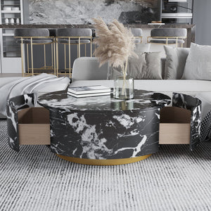 English Elm Tavola Round Coffee Table with Marble Pattern Top and Metal Legs, Two Drawers for Stylish Storage Black B341P321162