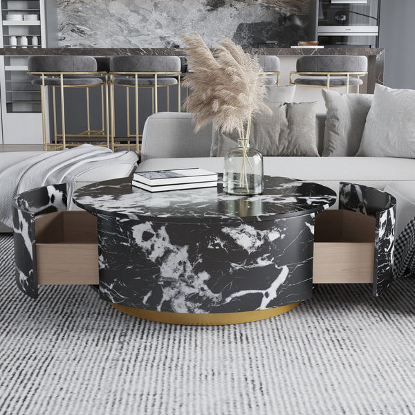 English Elm Tavola Round Coffee Table with Marble Pattern Top and Metal Legs, Two Drawers for Stylish Storage Black B341P321162