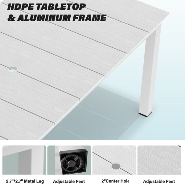 English Elm 7-piece Outdoor Dining Set with Spacious 75" HDPE Table, Aluminum Legs and Waterproof Chairs, Durable White T3898S00002