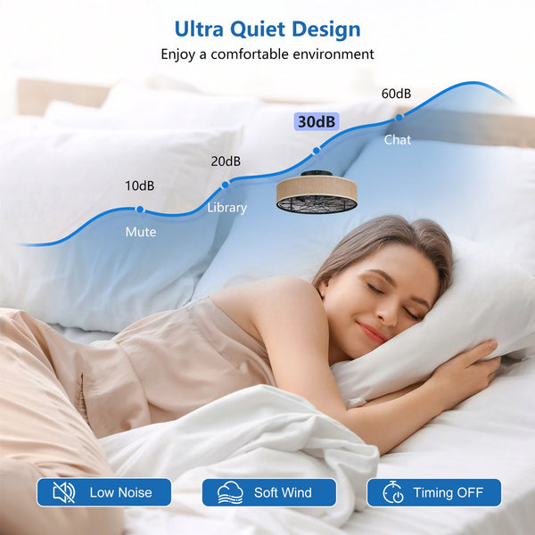 English Elm 20 20-Inch Caged Flush Mount Ceiling Fan with LED Lights, Bladeless Fabric Shade, Remote, DC Quiet W1340P343837