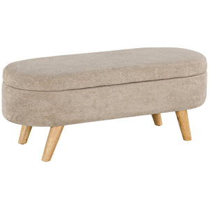 English Elm HOMCOM Plush Teddy Fleece Storage Ottoman Bench 43.3" Oval Upholstered Seat with Wood Legs, Beige W2225P229334