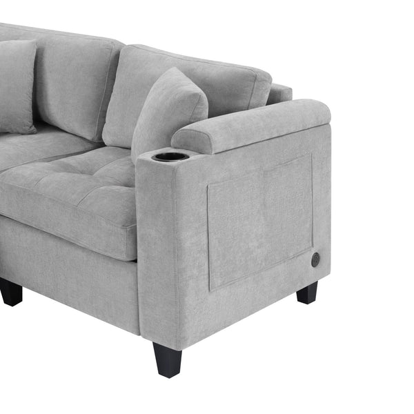 English Elm Modern U-shaped Sectional Sofa 115.7" Corner Couch with Chaise, Chenille Tufted Cushions, USB Ports and Storage LIGHT GREY N719S002150R