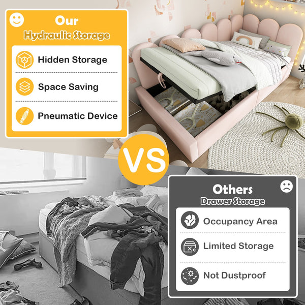 English Elm Upholstered Velvet Daybed with Hydraulic Storage & Metal Slatted Frame, Twin Sofa Bed, 300 lb Capacity Beige N736P333613B