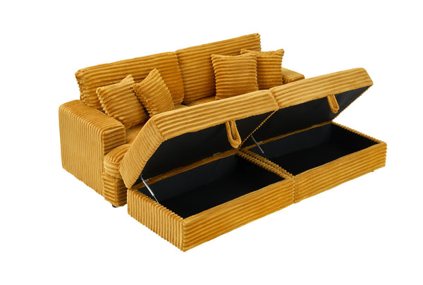 English Elm 82 Inch Orange Corduroy Sofa With 2 Storage Footstools & 4 Toss Pillows – Stylish Comfort For Any Space W1658S00113