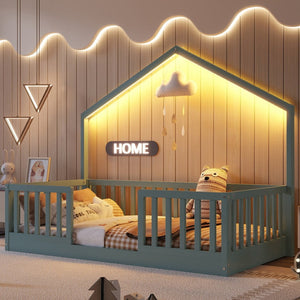 English Elm Twin Montessori Floor Bed House Frame with Led Lighting and Safety Rails for Kids Grey W2593P440597