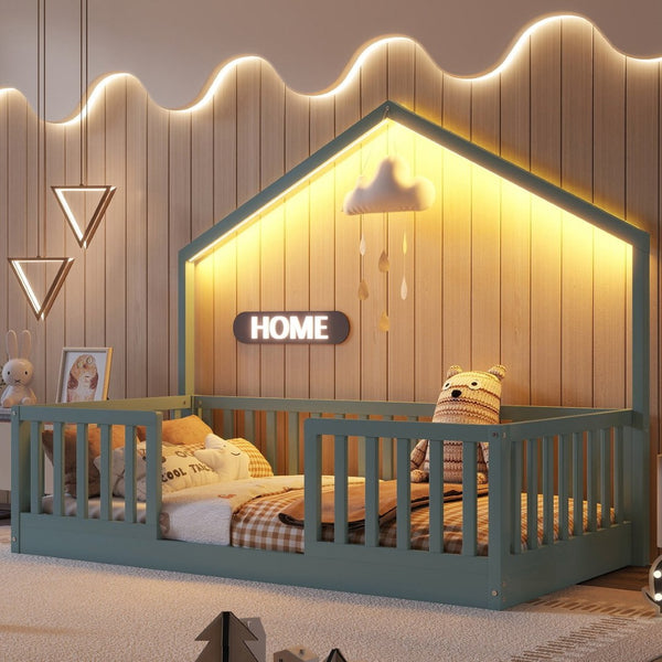 English Elm Twin Montessori Floor Bed House Frame with Led Lighting and Safety Rails for Kids Grey W2593P440597